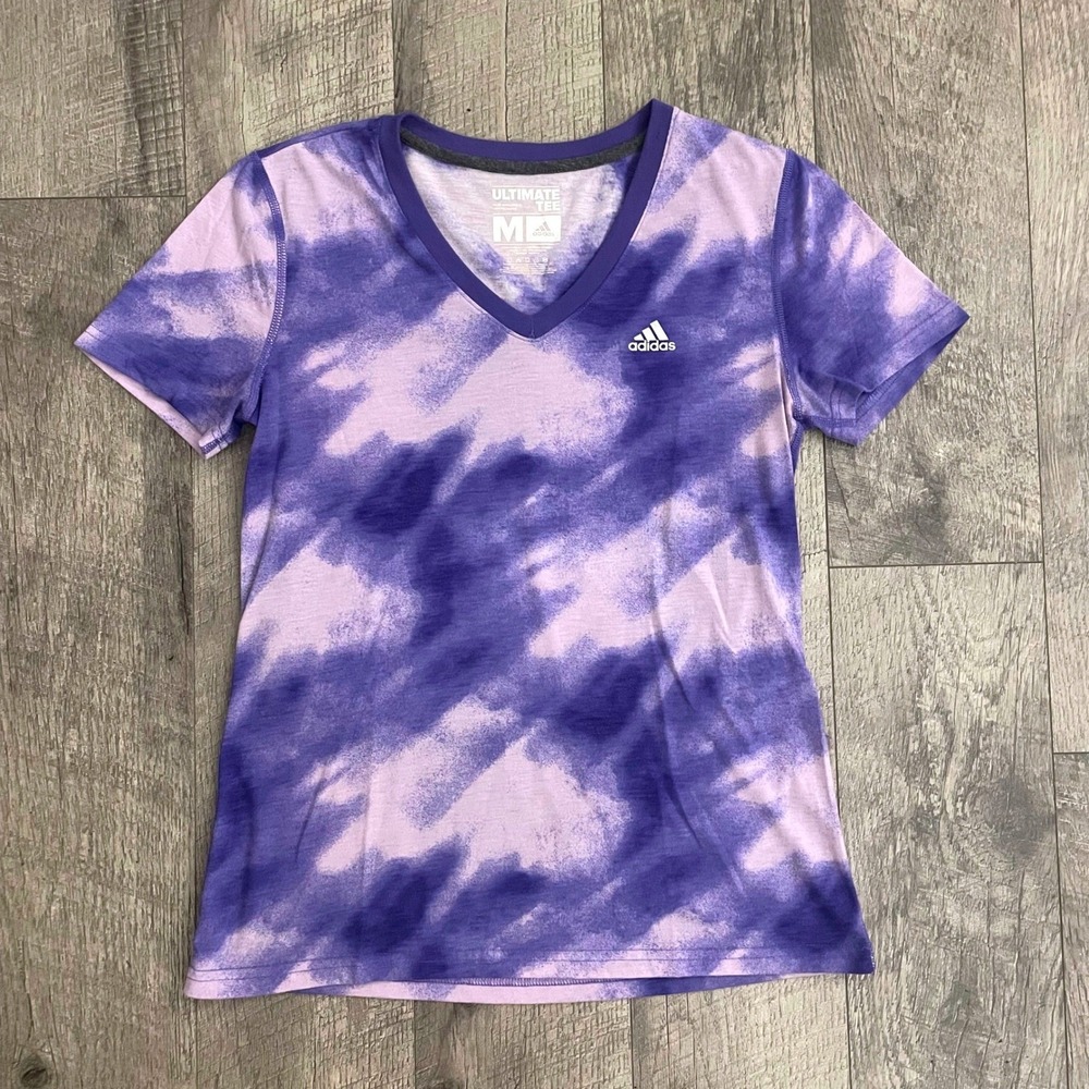 Adidas Ultimate Tee Womens Medium Purple Tie Dye V-Neck Climalite Shirt